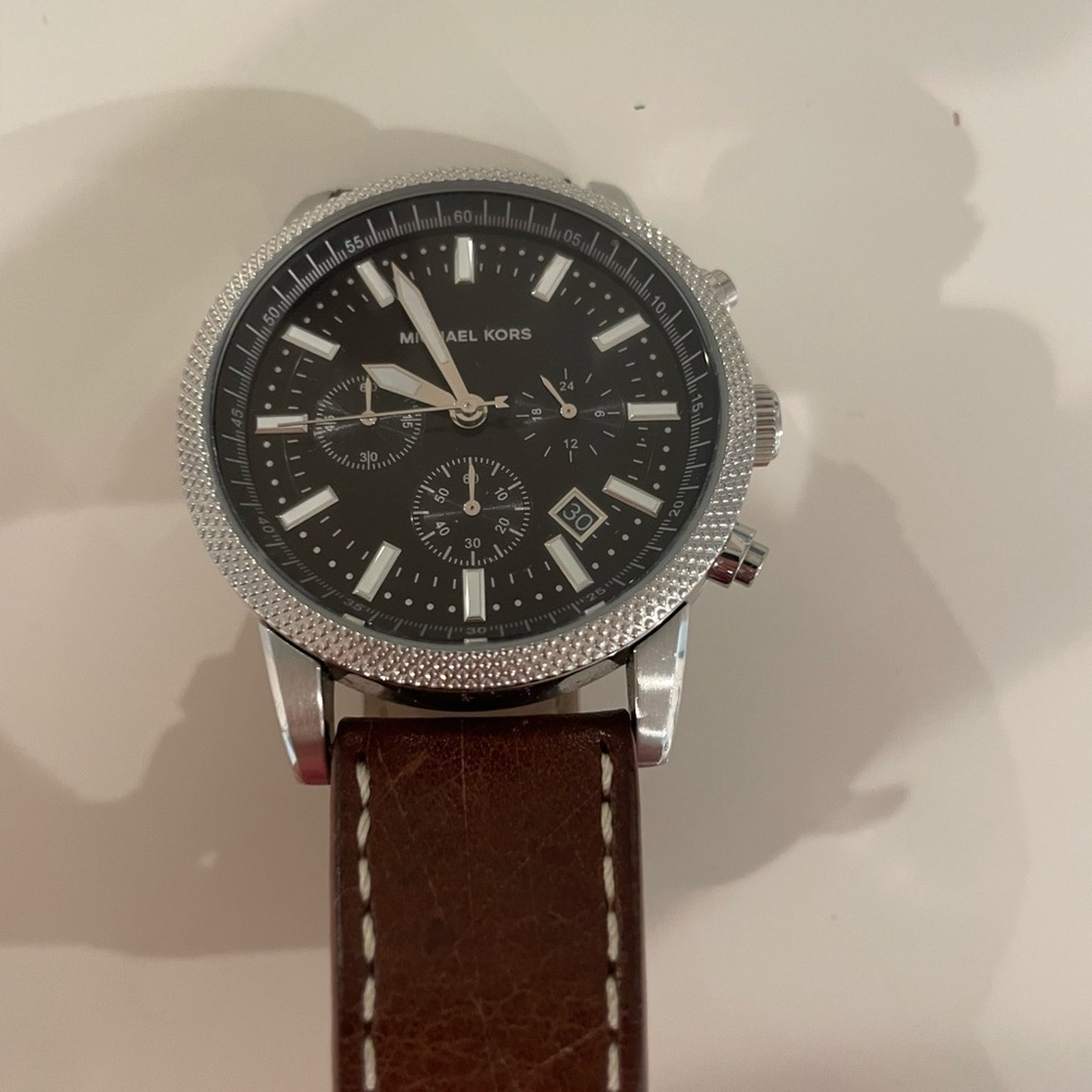 Michael Kors Black Dial Watch with Silver Case and Brown Strap